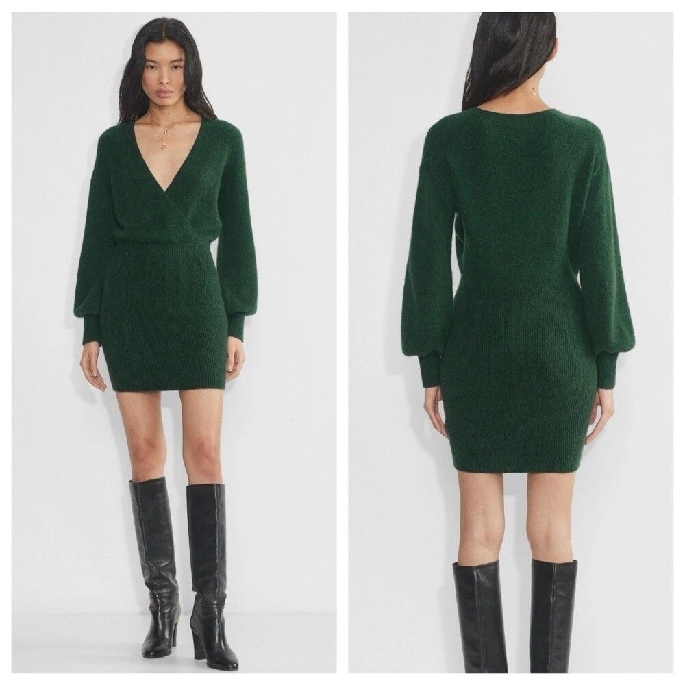 Aritzia Wilfred Black ELSIE Faux Wrap Knit Sweater Dress LARGE Ribbed Cashmere